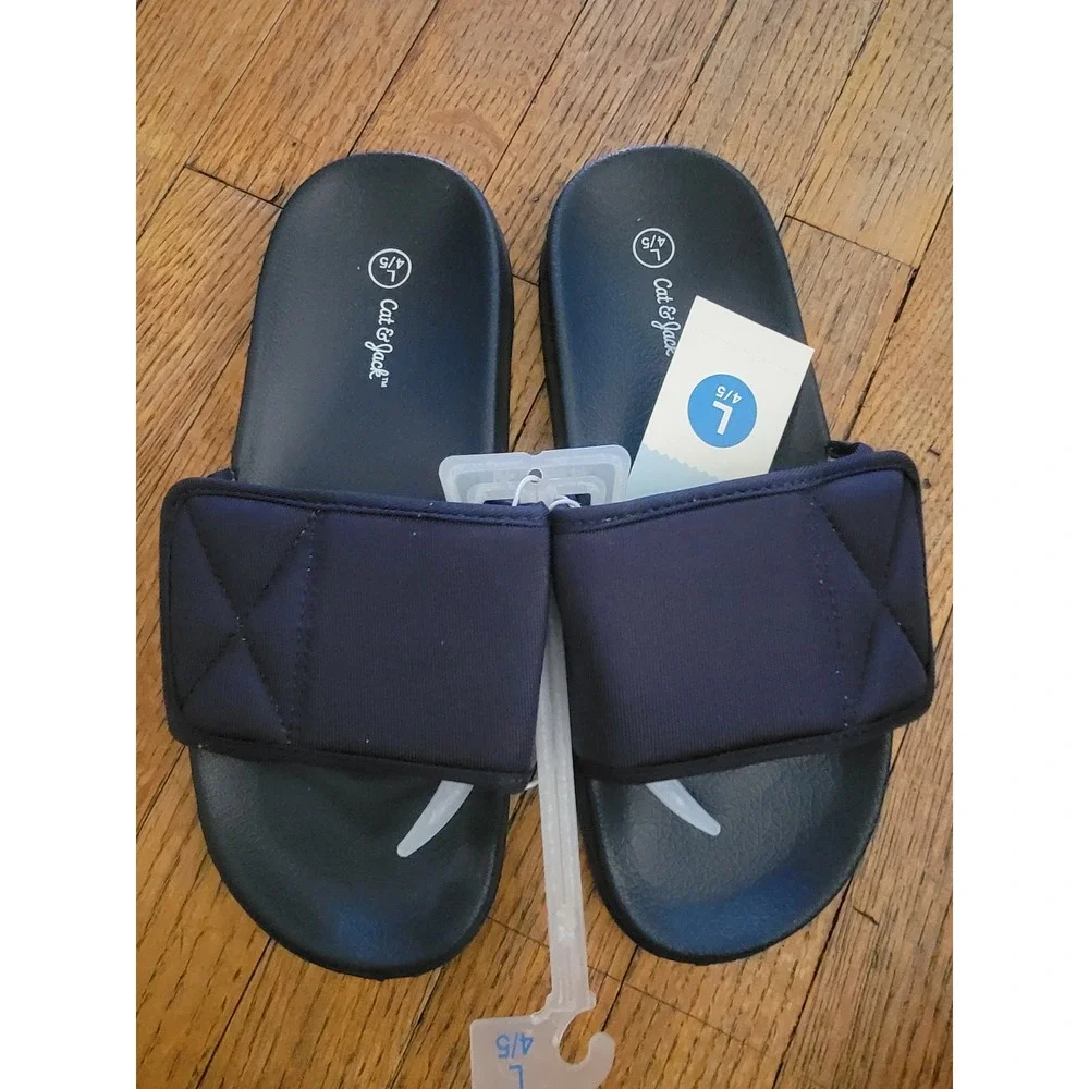 Cat & Jack Boys Navy Blue Slide Sandals Padded Strap Size L 4/5 NWT